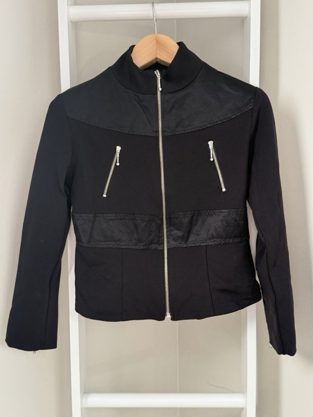 Italian Knit Satin Zip Jacket Womens M Black